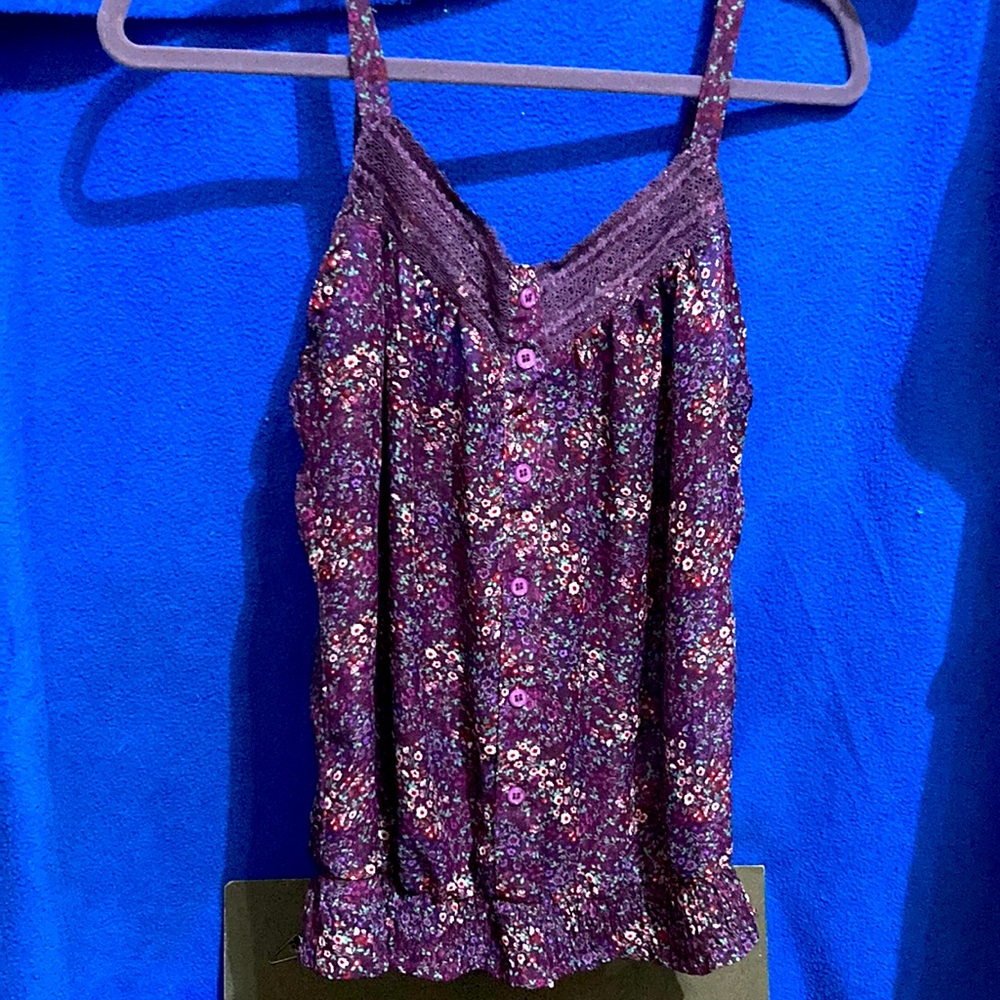 Purple floral tank top, semi see through, buttons only for decoration,